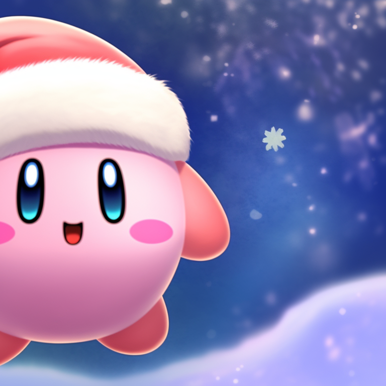 Two Kirby characters, serene winter colors and fluffy textures, gazing at falling snow. matching kirby christmas pfp ideas pfp for discord.