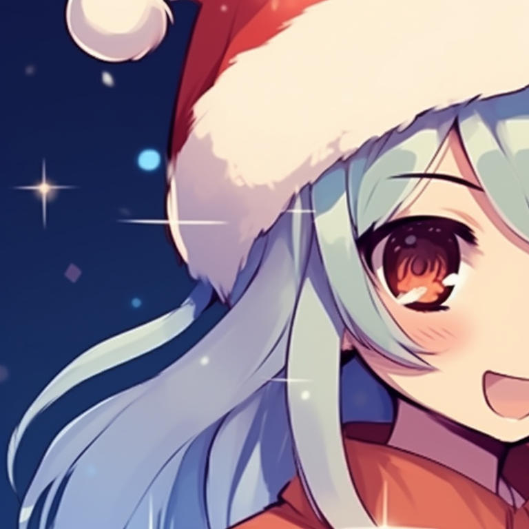 Two characters in a snow environment, dressed warmly, with auras reflecting subtle affection. kawaii matching christmas pfp - anime style pfp for discord.