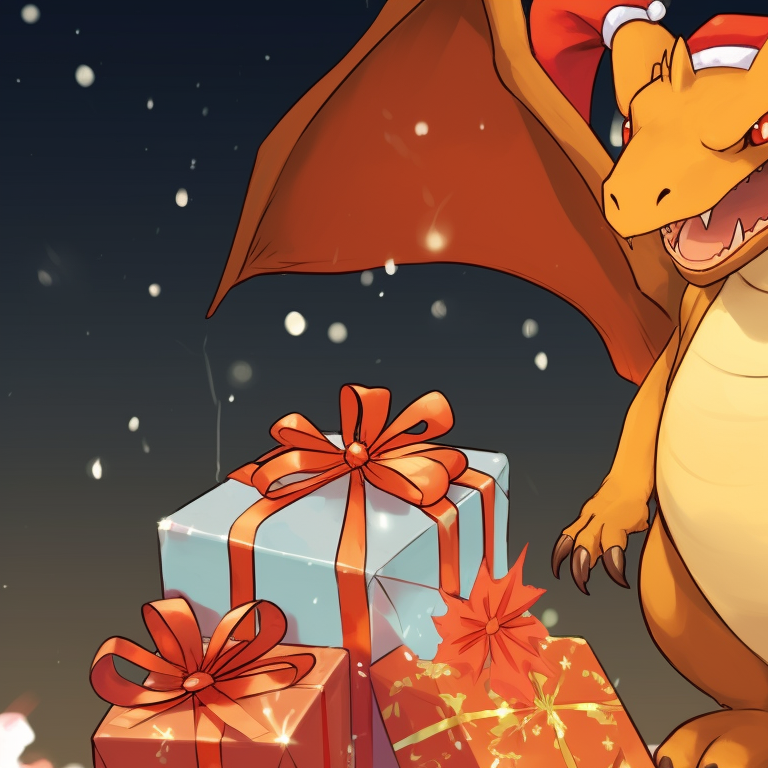 Two Charizard characters holding gifts, decorated Christmas tree and wrapped presents details. charizard christmas special pfp pfp for discord.
