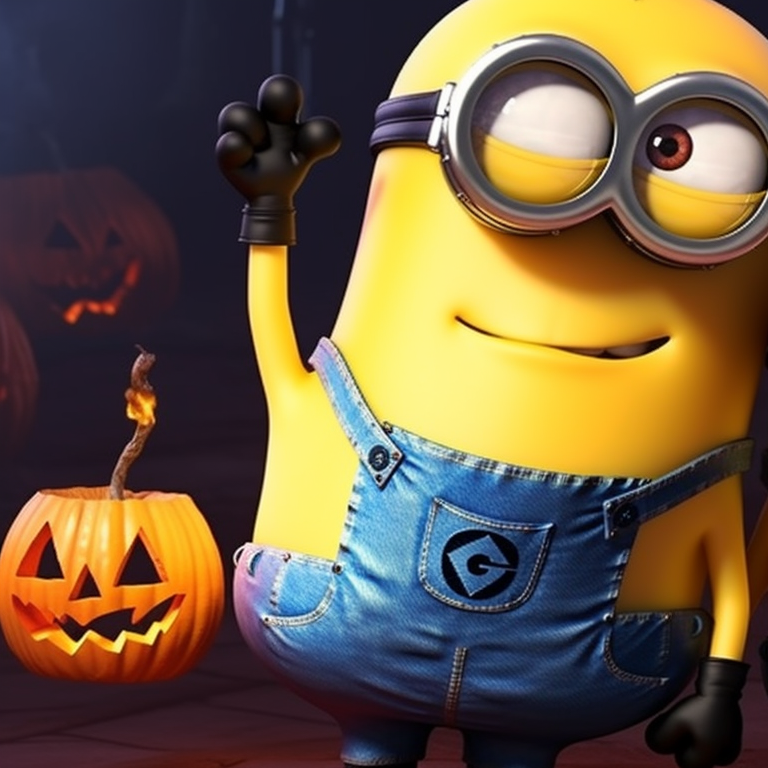 Two characters, each in distinct Minion costumes, one carrying a pumpkin-shaped trick or treat bucket, deep shadows and warm colors. minion halloween theme for matching pfp pfp for discord.