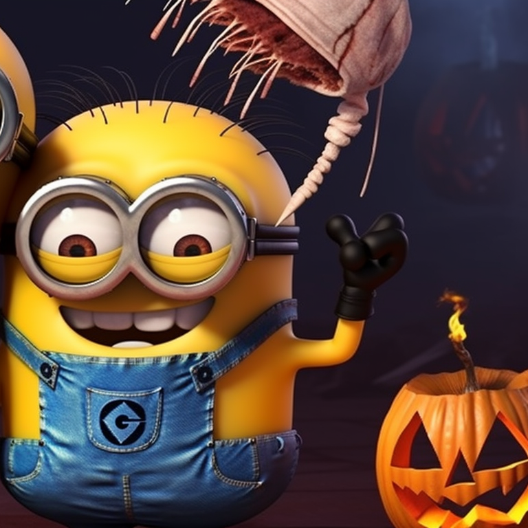 Two characters, each in distinct Minion costumes, one carrying a pumpkin-shaped trick or treat bucket, deep shadows and warm colors. minion halloween theme for matching pfp pfp for discord.
