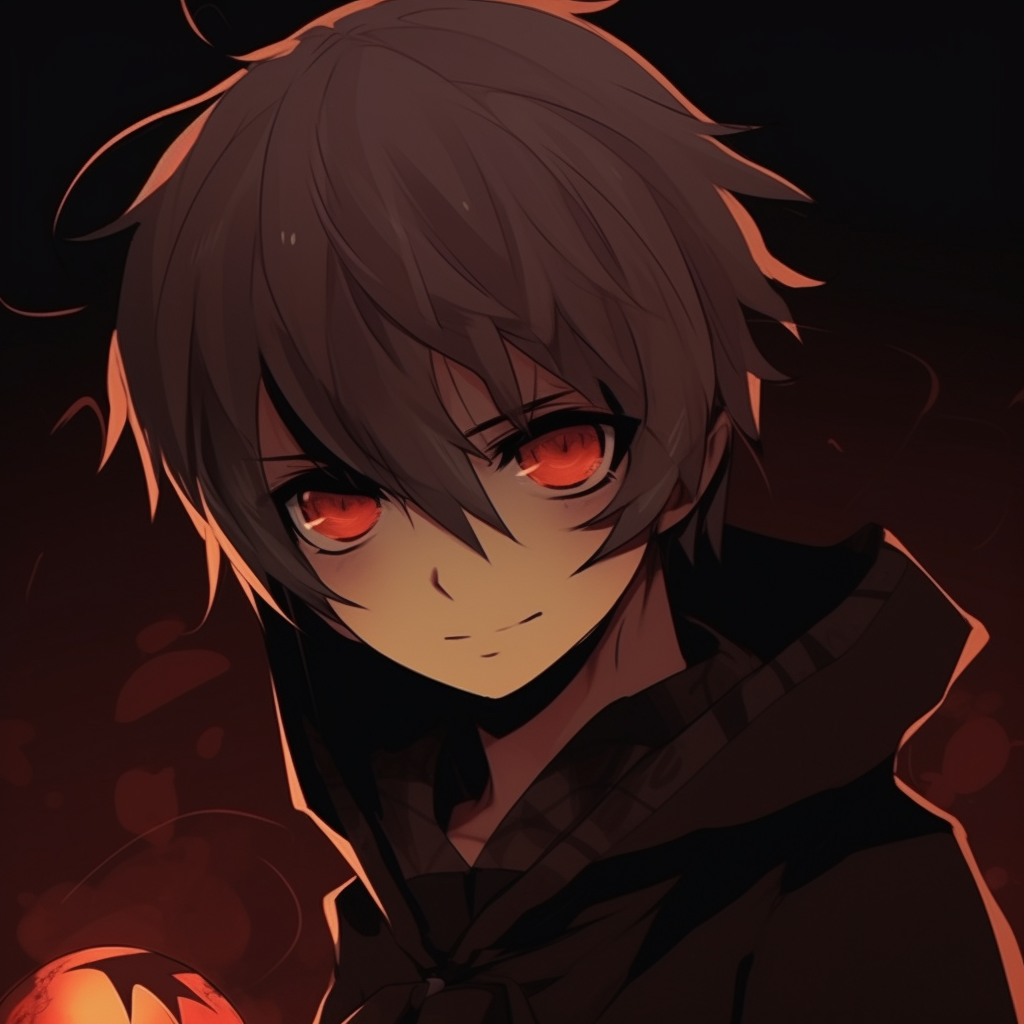 Animated character as a ghoul, haunting eyes and heavy shadows. anime halloween pfp style