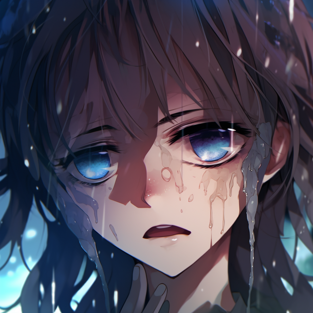 Elegant anime profile with cascading tears, attention to the detailed lines and color blending. sad crying anime pfp pfp for discord.
