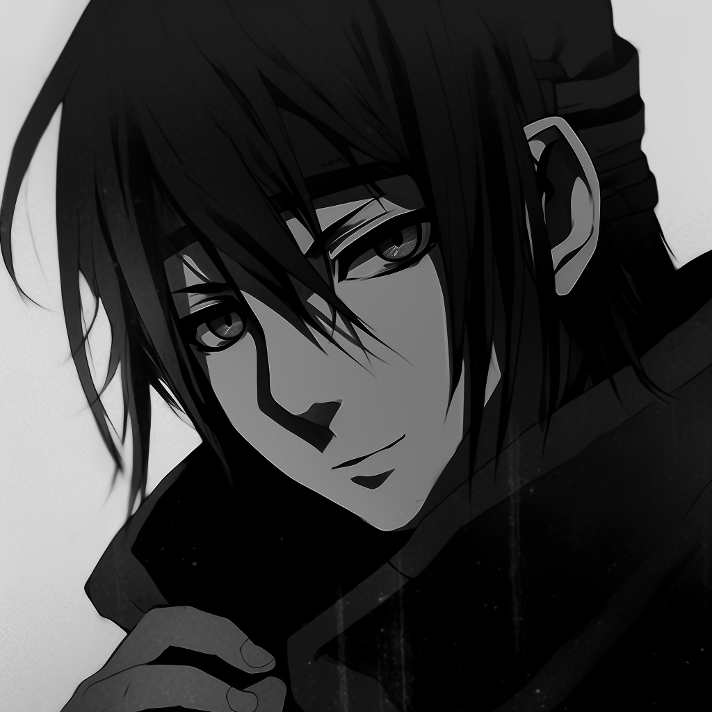 Monochrome profile of Itachi, stark contrasts and intense expression. stunning black pfp anime pfp for discord.