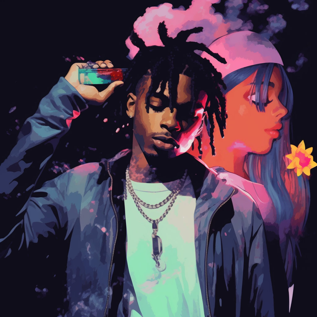 Abstract art style of Playboi Carti featuring anime characteristics, focusing heavily on the eyes and hair. playboi carti aesthetic anime pfp