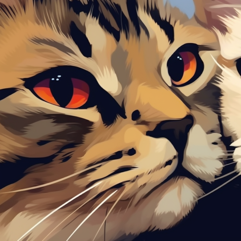 A pair of cats, one dark and one light, in contrasting hues symbolizing night and day, drawn with detailed fur and vibrant background. matching pfp cat images pfp for discord.