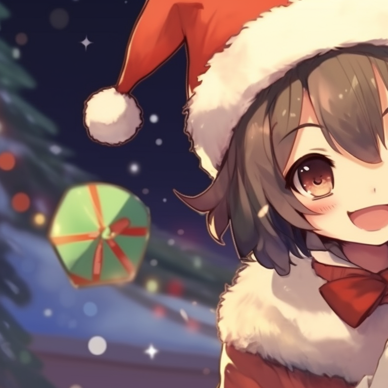Two characters adorned in festive attire, vibrant colors and detailed design. One character is portrayed gifting the other with a present. cute designs for matching christmas pfp pfp for discord.