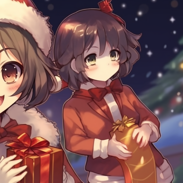 Two characters adorned in festive attire, vibrant colors and detailed design. One character is portrayed gifting the other with a present. cute designs for matching christmas pfp pfp for discord.