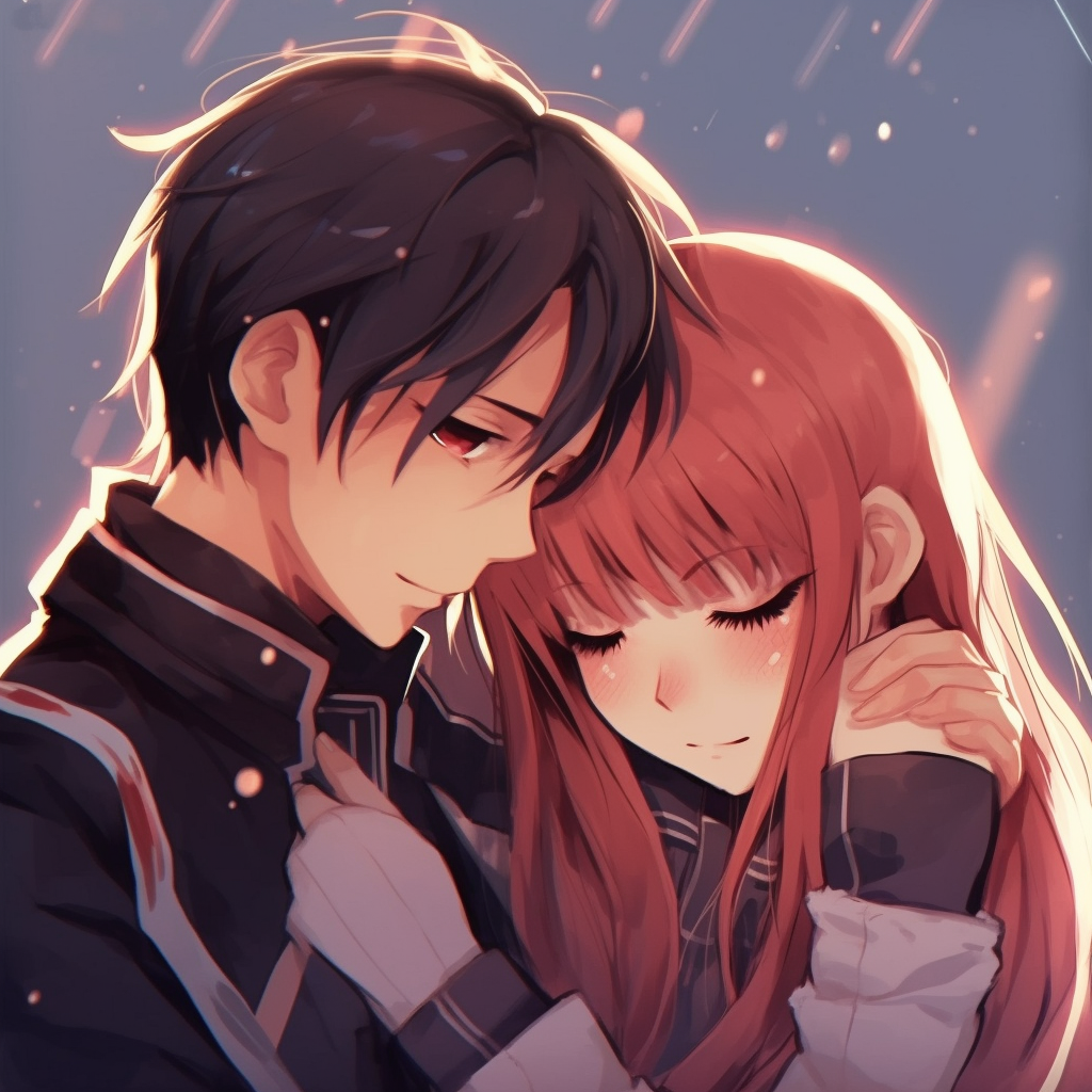 Asuna and Kirito in a loving stare. Emphasis on detailed hair, unique costumes, and soft color tones. couple anime for matching pfp aesthetics pfp for discord.