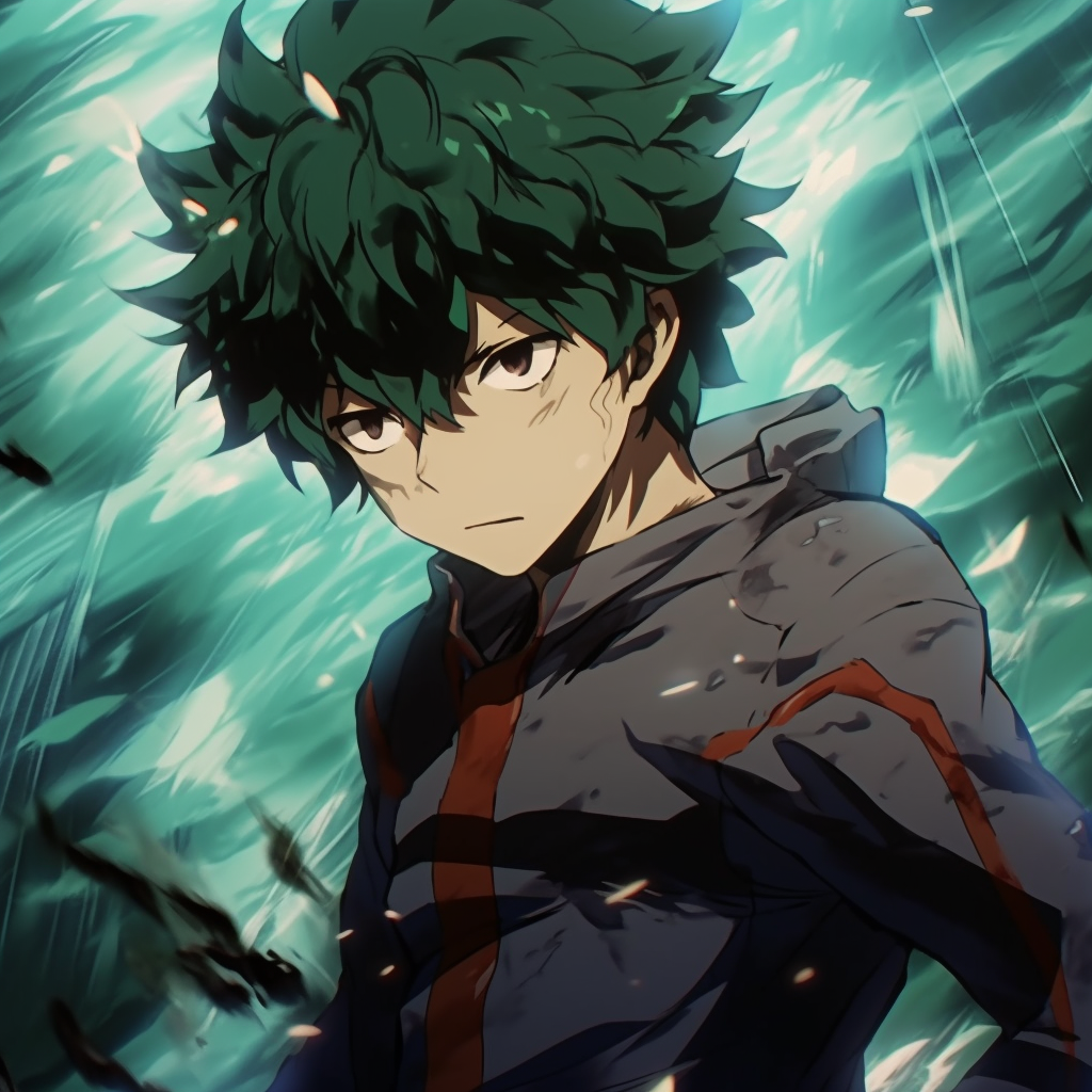 Midoriya Izuku with a determined look, fine line work detailing his facial expressions and distinct hairstyle. modern anime characters pfp