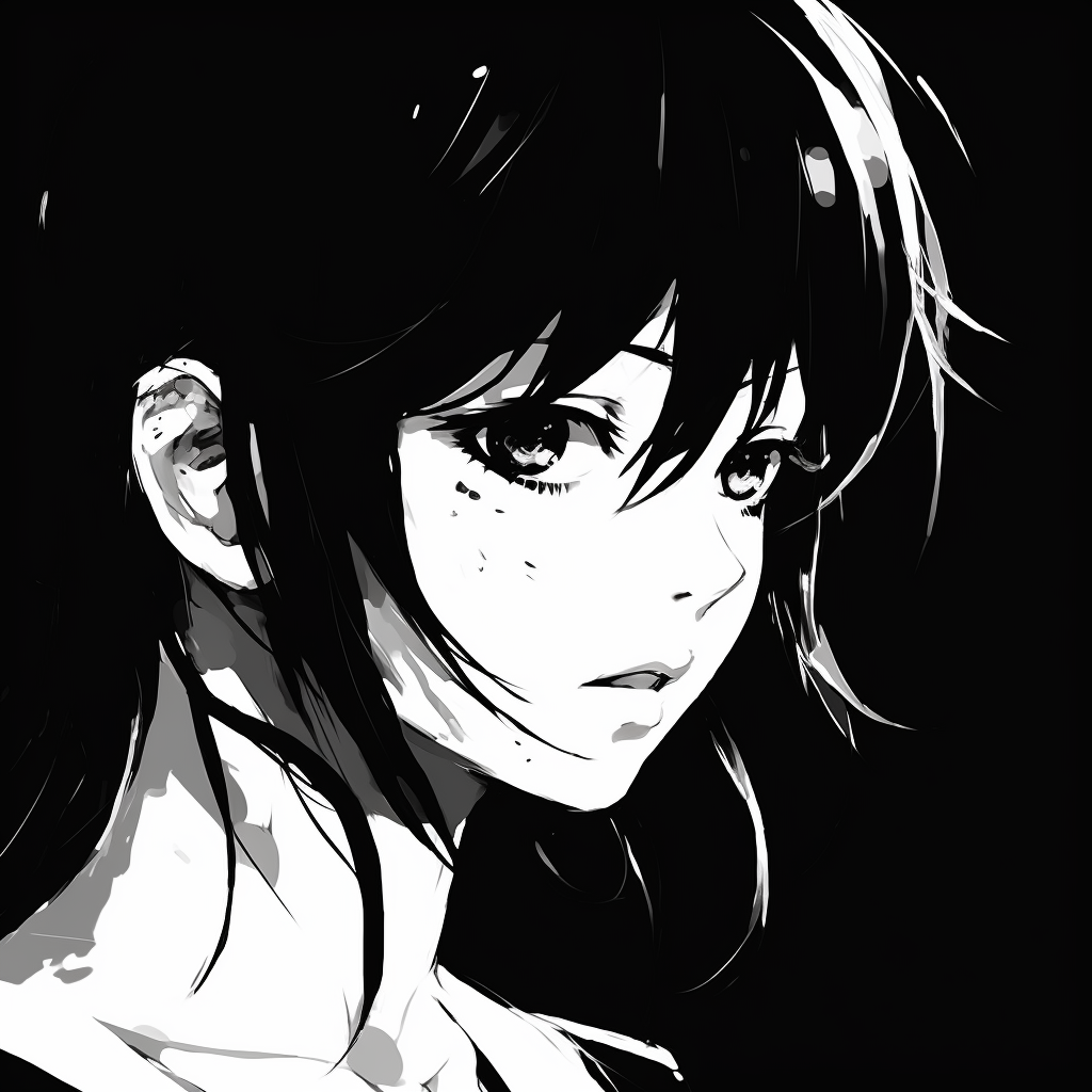 Intense female gaze in traditional anime style, high contrast black and white. black and white anime female profile picture