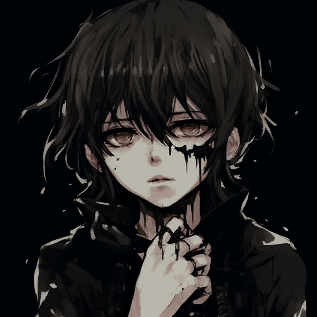 A highly detailed crying emo anime character, deep contrast between black and white enhancing the emotional aspect. black and white emo anime pfp