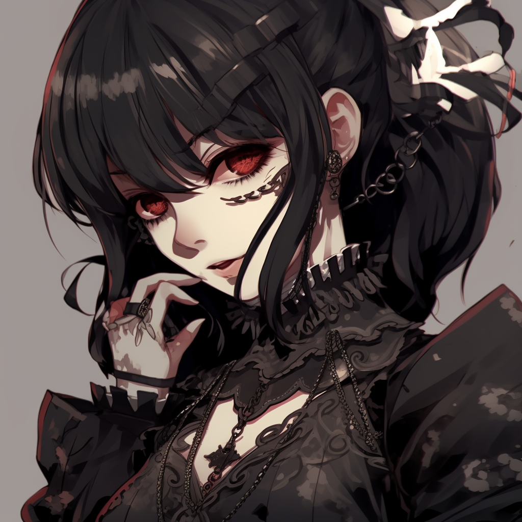 Goth inspired anime girl with Victorian dress elements, intricate detailing and shading techniques. preparing goth anime girl pfp pfp for discord.