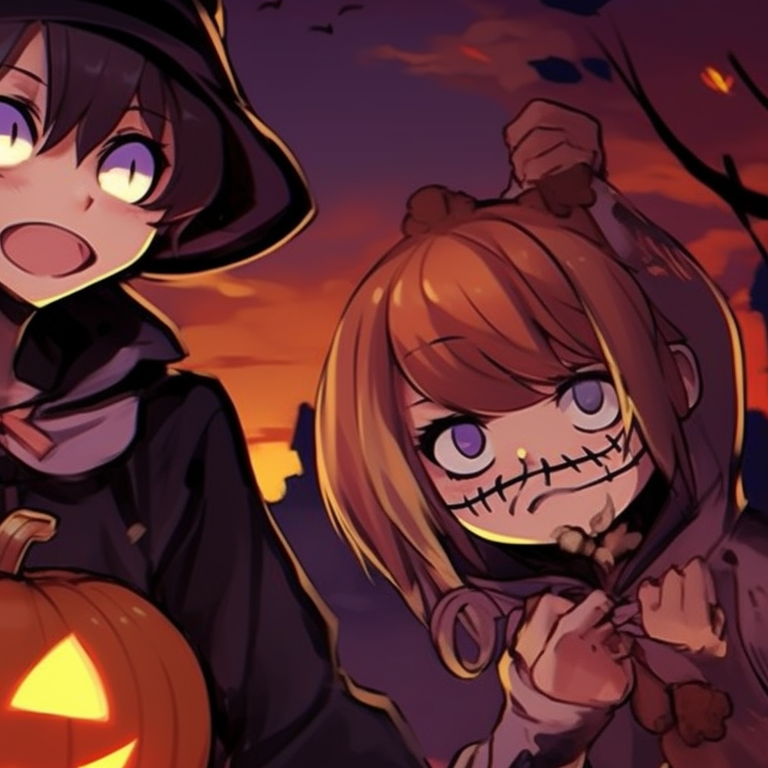 Five friends carved as Halloween pumpkins against a twilight backdrop, purples and umbers, detailed shading. unique halloween theme for 5 friends matching pfp pfp for discord.