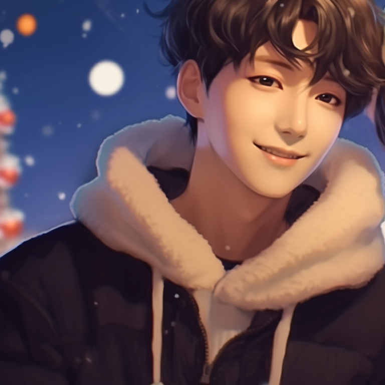 Two characters in peaceful holiday scene, pastel colors and tranquil expressions. matching bts christmas pfp art for fans pfp for discord.