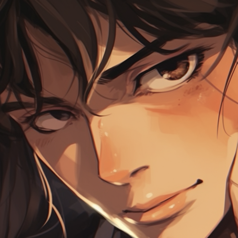 Two main characters in an intense close-up, detailed eyes and hair, strong color contrasts. real life matching pfp couples pfp for discord.