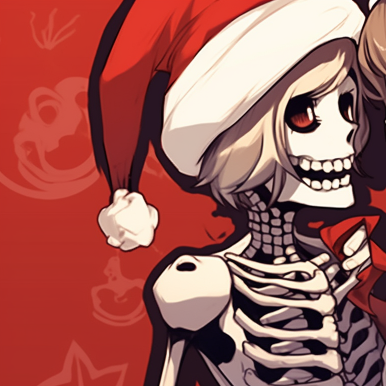 Two characters, in matching holiday sweaters, softly illuminated under the glow of Christmas lights, their lips inches apart. bone love - matching christmas pfp of skeletons kissing pfp for discord.