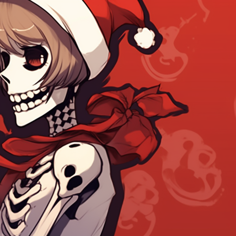Two characters, in matching holiday sweaters, softly illuminated under the glow of Christmas lights, their lips inches apart. bone love - matching christmas pfp of skeletons kissing pfp for discord.