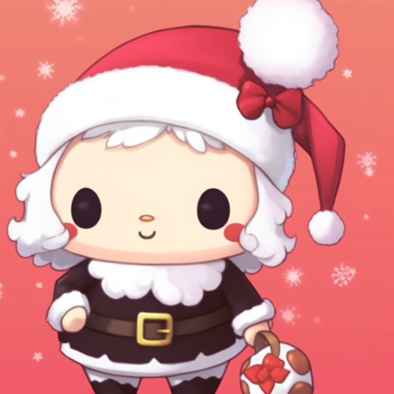 Two characters, one sitting on a snowy cloud, pastel colors and Sanrio style. matching christmas sanrio pfp shopping pfp for discord.