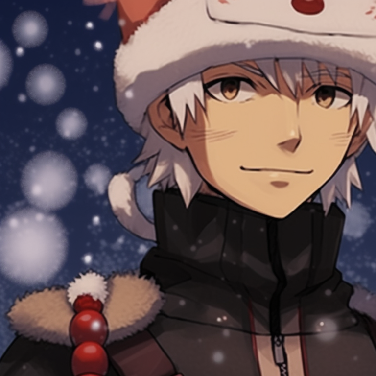 Running Naruto and Hinata in festive sweaters under snowfall. best matching christmas naruto pfp pfp for discord.
