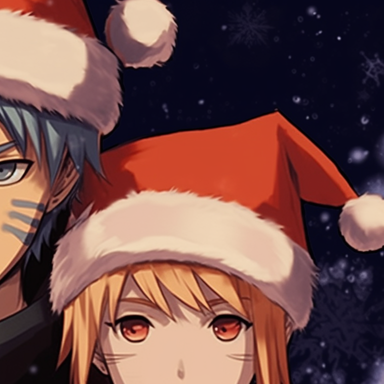 Two characters in striking Christmas outfits, vibrant colors and energetic expressions. charming matching christmas pfp naruto pfp for discord.