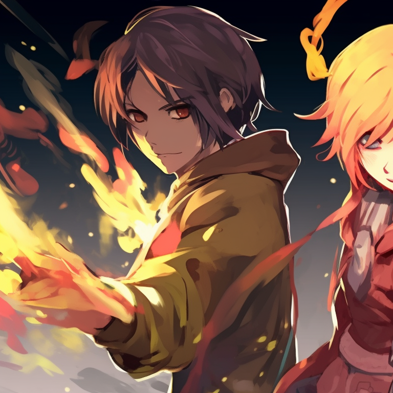 Three characters, strongly linked by identical tokens, details amplified with bold lines and fierce atmosphere. creative matching trio pfp styles pfp for discord.