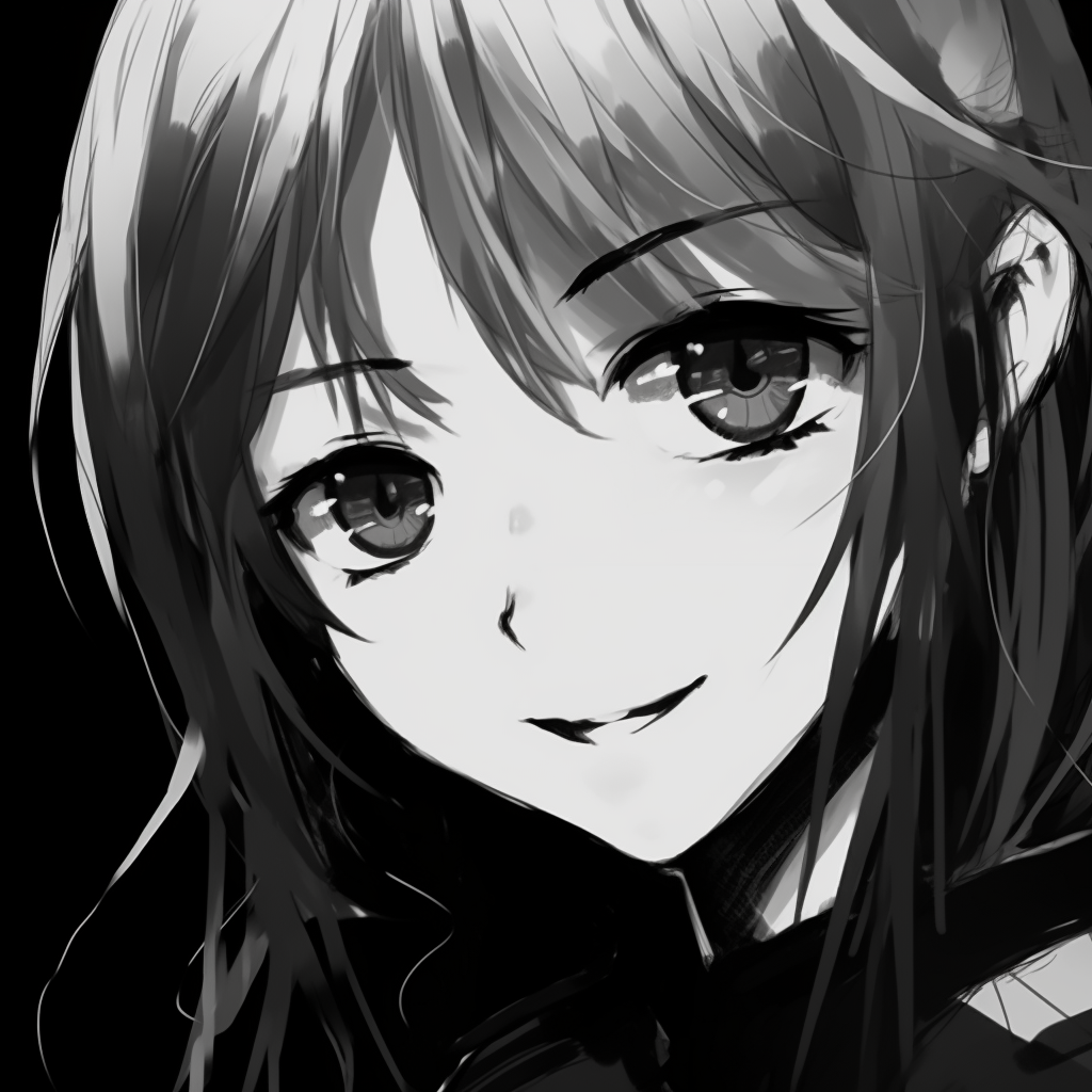 A grinning female anime character, the monochrome hues emphasizing her expressive eyes. famous black and white pfp female anime pfp for discord.