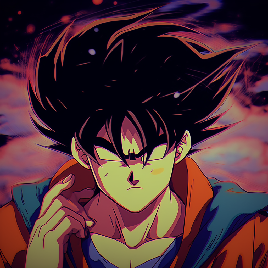 Close-up view of classic Goku character, detailed facial expression, and thick outlines. 90s anime pfp aesthetic styling