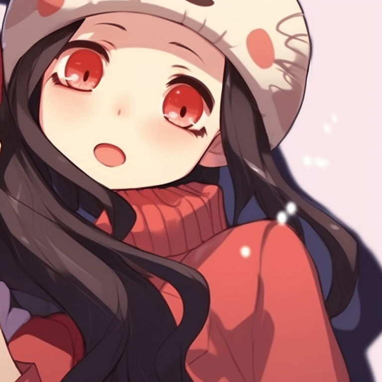 Nezuko and a companion sending out holiday wishes, fine details of festive paraphernalia and cool, peaceful colors. nezuko-themed matching christmas pfp pfp for discord.