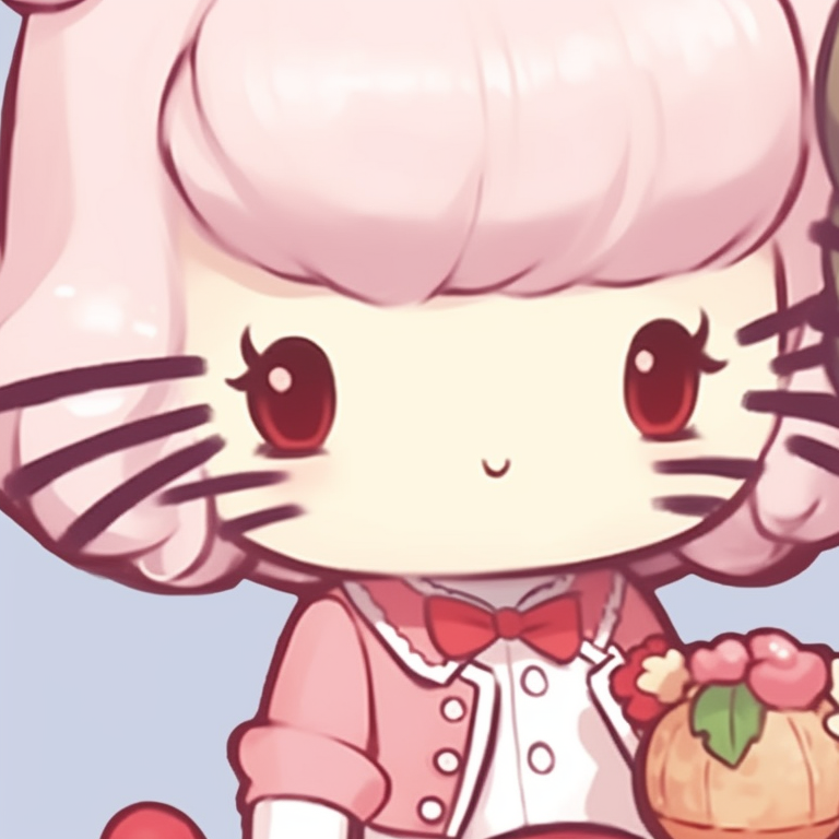 Two characters during tea time, saturated colors with detailed shading. hello kitty pfp matching creative pfp for discord.