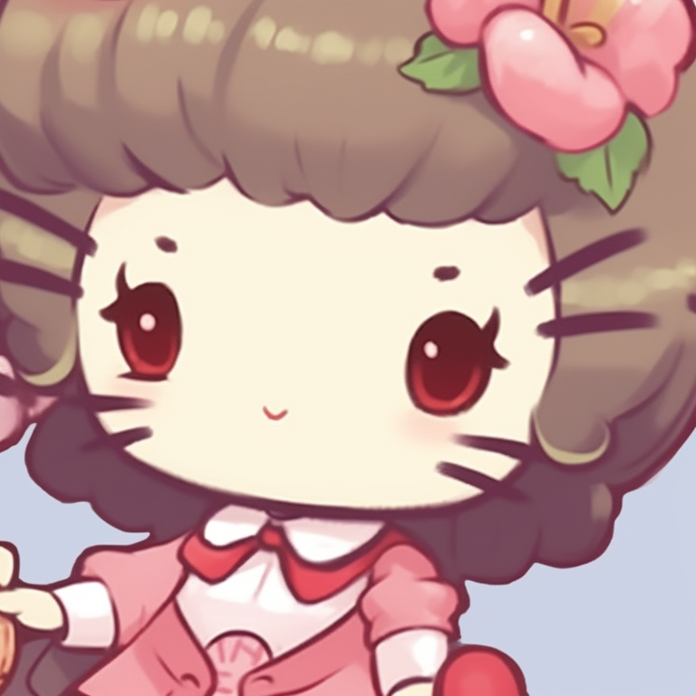 Two characters during tea time, saturated colors with detailed shading. hello kitty pfp matching creative pfp for discord.