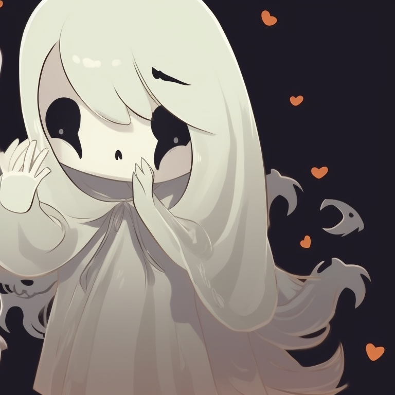 Two characters in ghost forms with pumpkin motifs, pastel colors contrasted against a dark Halloween night. creative matching ghost pfp halloween theme collection pfp for discord.