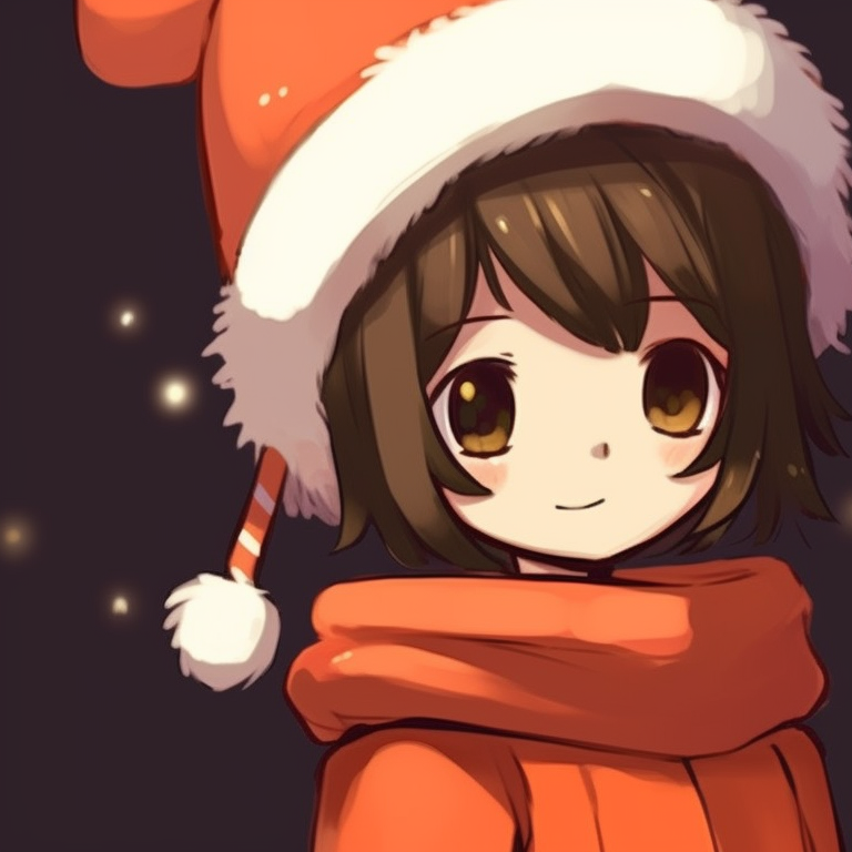 Two characters in light winter garb, with a snowy sunset behind them in orange hues. inspiring orange matching pfp for christmas pfp for discord.