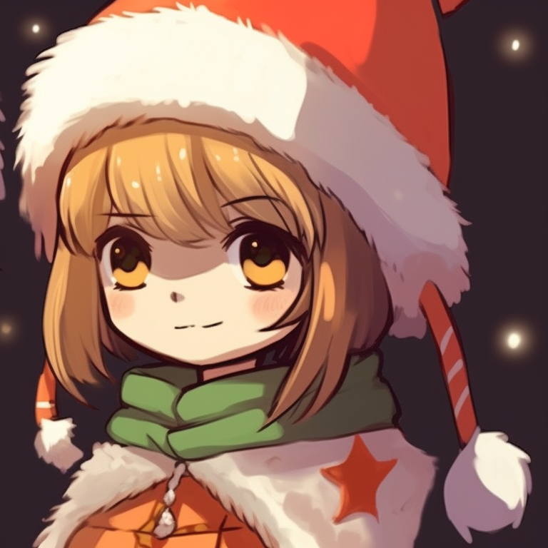 Two characters in light winter garb, with a snowy sunset behind them in orange hues. inspiring orange matching pfp for christmas pfp for discord.