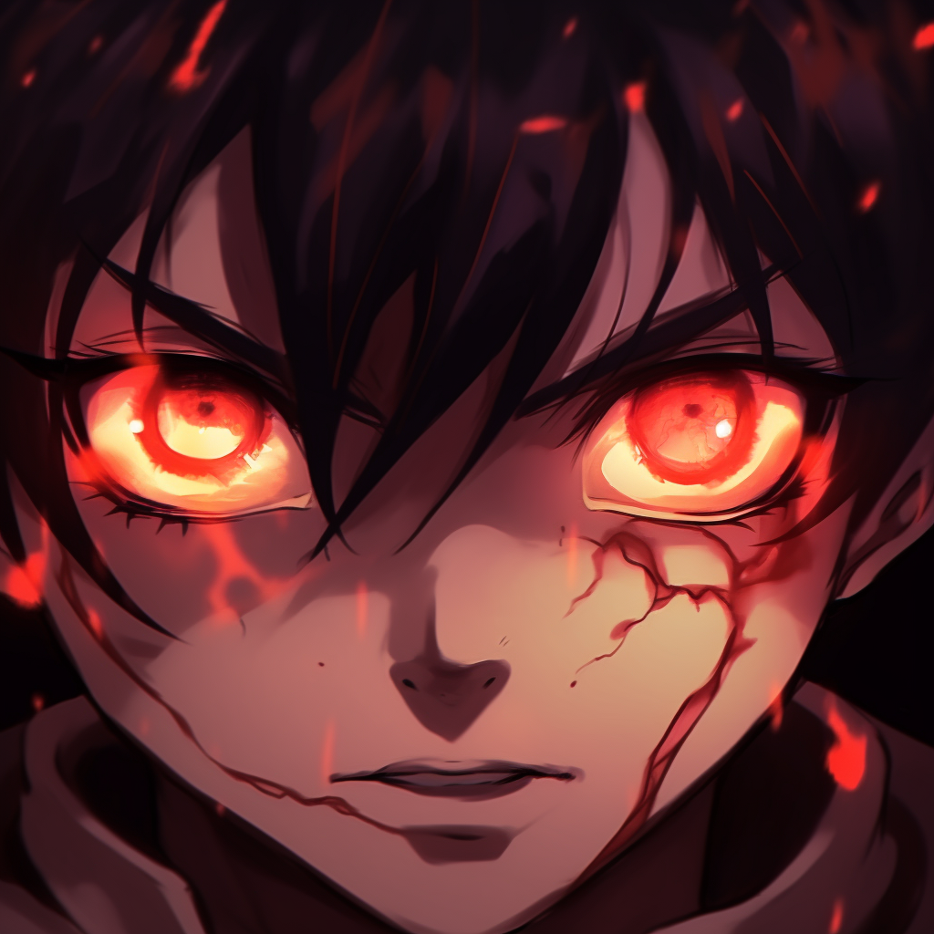 An extreme close-up of the anime boy's burning eyes, showing detailed linework and fire-inspired color gradients unique anime eyes pfp boy drawings