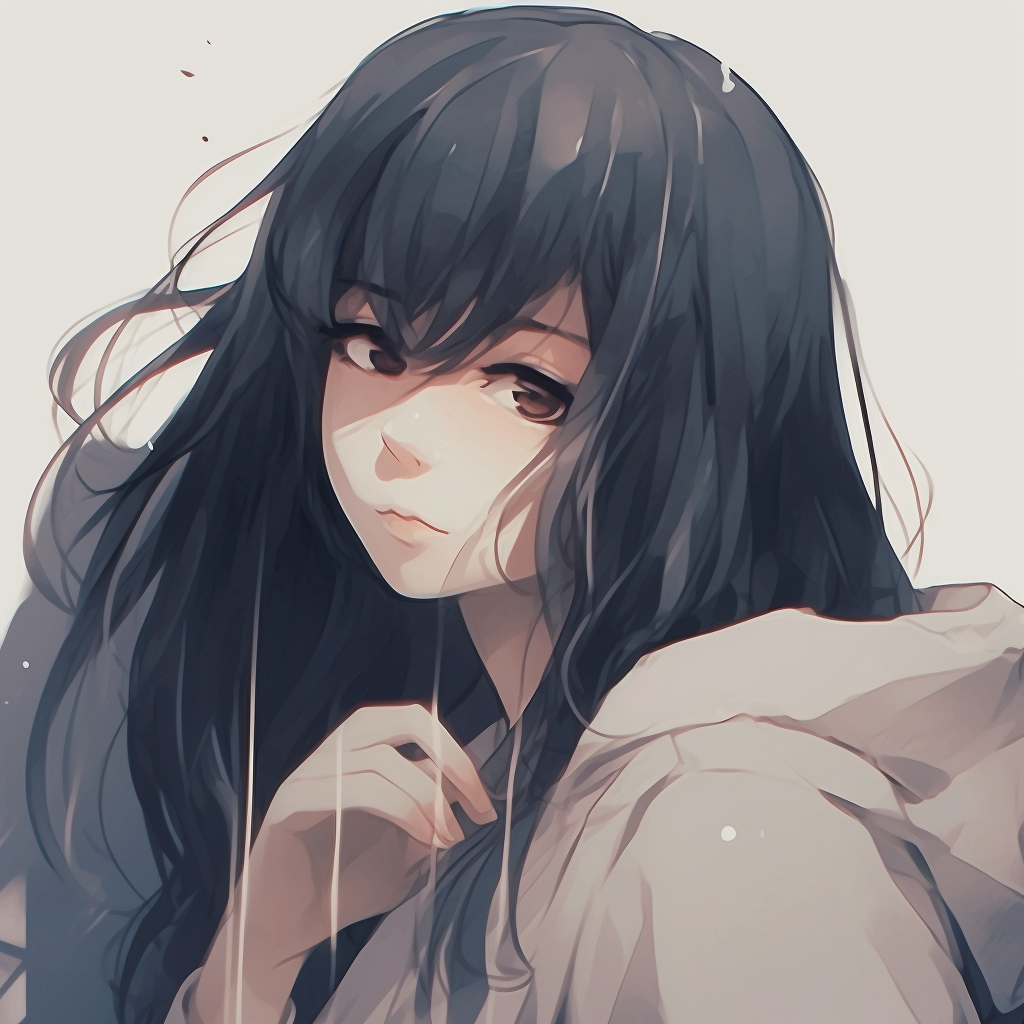 Profile of a somber looking anime girl, muted tones and soft strokes. aesthetics depressed anime girl pfp pfp for discord.