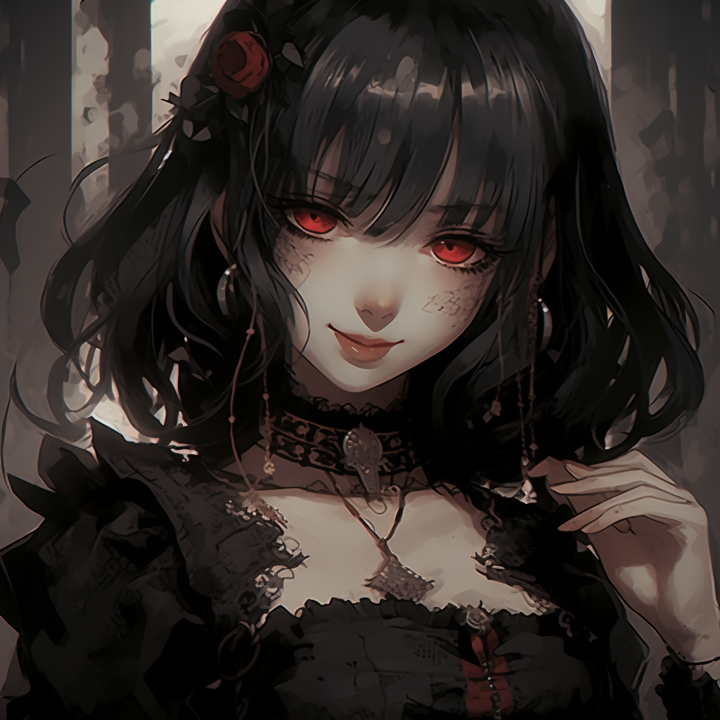 Up-close portrait of an anime girl with gothic style, showcasing detailed facial features and stark contrasts. goth anime girl visuals pfp for discord.