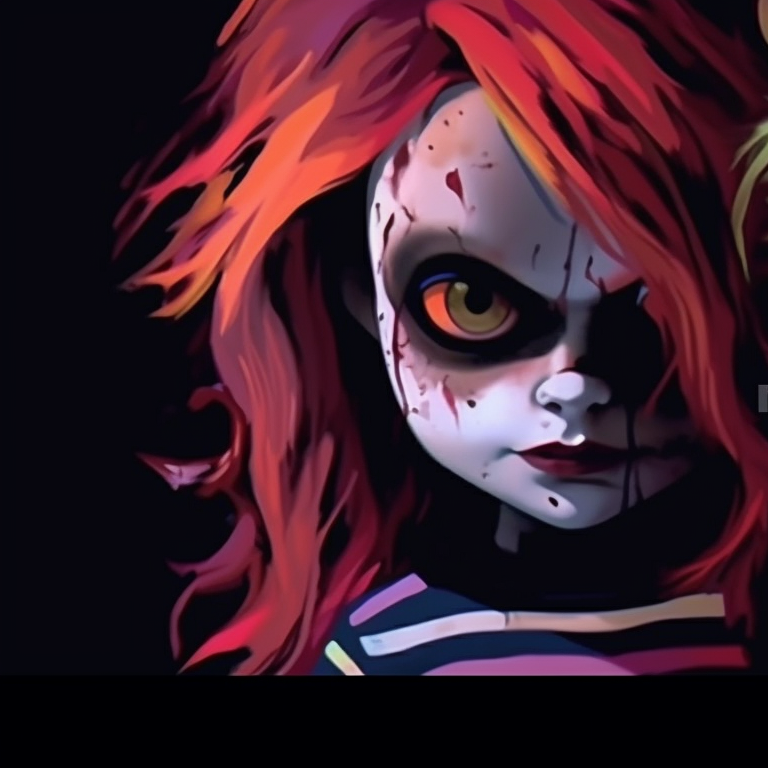 Chucky and Tiffany in dynamic poses, sharp lines and deep shadows adding dramatic effect. halloween matching pfp: chucky and tiffany theme pfp for discord.