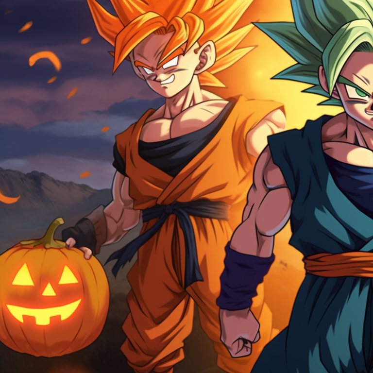 Dragon Ball characters sporting pumpkin-themed outfits, vibrant colors with dynamic shading. cool dragon ball halloween themed pfp pfp for discord.