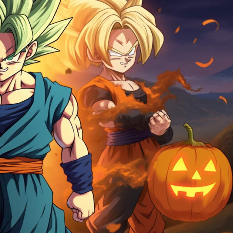 Dragon Ball characters sporting pumpkin-themed outfits, vibrant colors with dynamic shading. cool dragon ball halloween themed pfp pfp for discord.