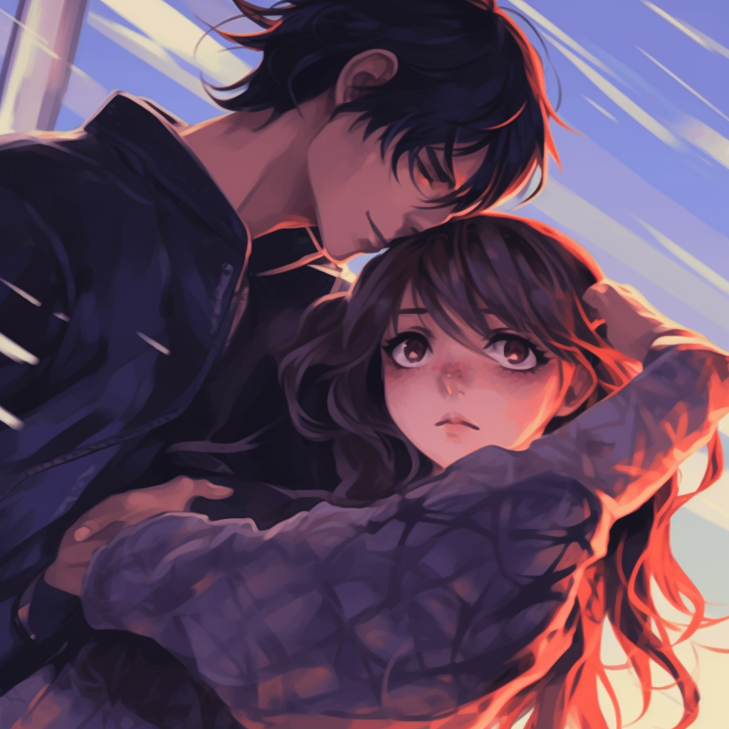 Intense stare between anime couple, emphasizing unique anime eye styles and deep, expressive colors. adventurous anime matching pfp couple