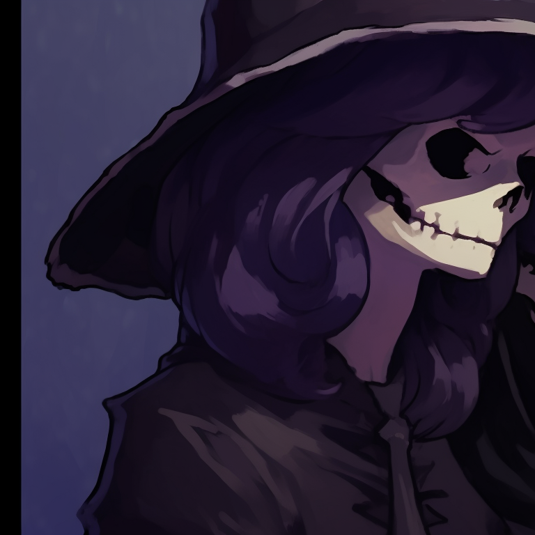Two witch characters, draped in elegant capes, whispering secrets in hues of midnight purple. sad and spooky matching halloween pfps pfp for discord.