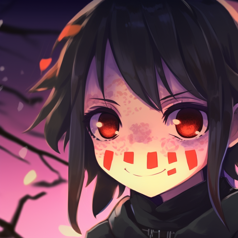 Mitsuri and Obanai in a low-lit scene with dark contours and soft, glowing outlines. selection of mitsuri and obanai halloween match pfps pfp for discord.