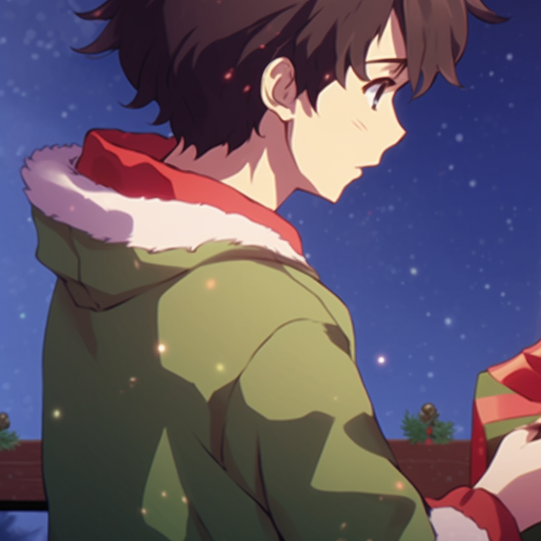 Two characters exchanging gifts, vibrant colors and a christmas tree in the background. matching cute christmas pfp gif - holiday spirit pfp for discord.