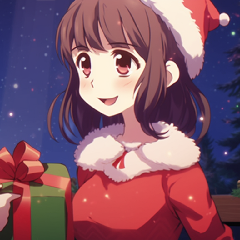 Two characters exchanging gifts, vibrant colors and a christmas tree in the background. matching cute christmas pfp gif - holiday spirit pfp for discord.