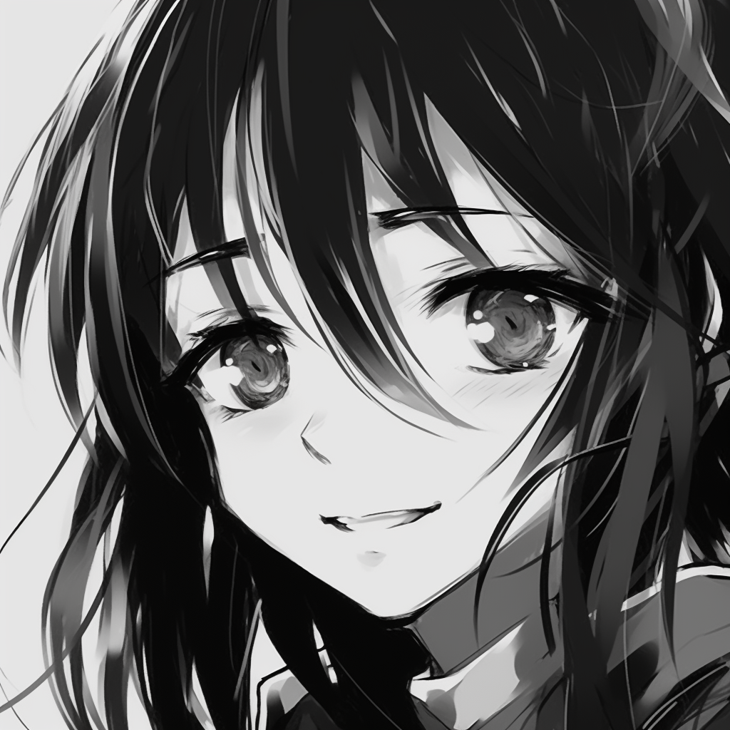 Detailed close-up of a female anime's eyes, the black and white tones enhancing the intense gaze. famous black and white pfp female anime pfp for discord.