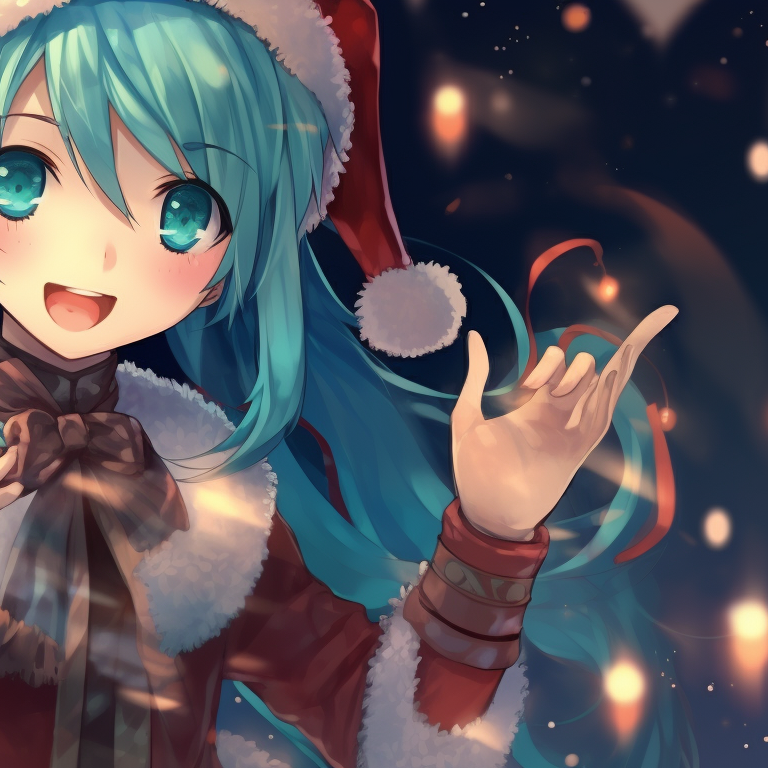 Two characters in vibrant Christmas outfits, holding hands with a joyous expression. engaging matching hatsune miku christmas pfp designs pfp for discord.