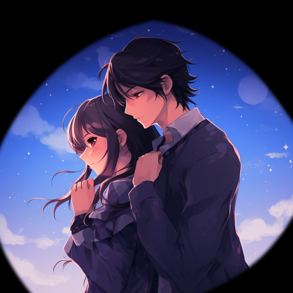 Profile picture of anime couple underneath a starry sky, combination of dark and vibrant colors for a cool effect. cool anime couple pfp