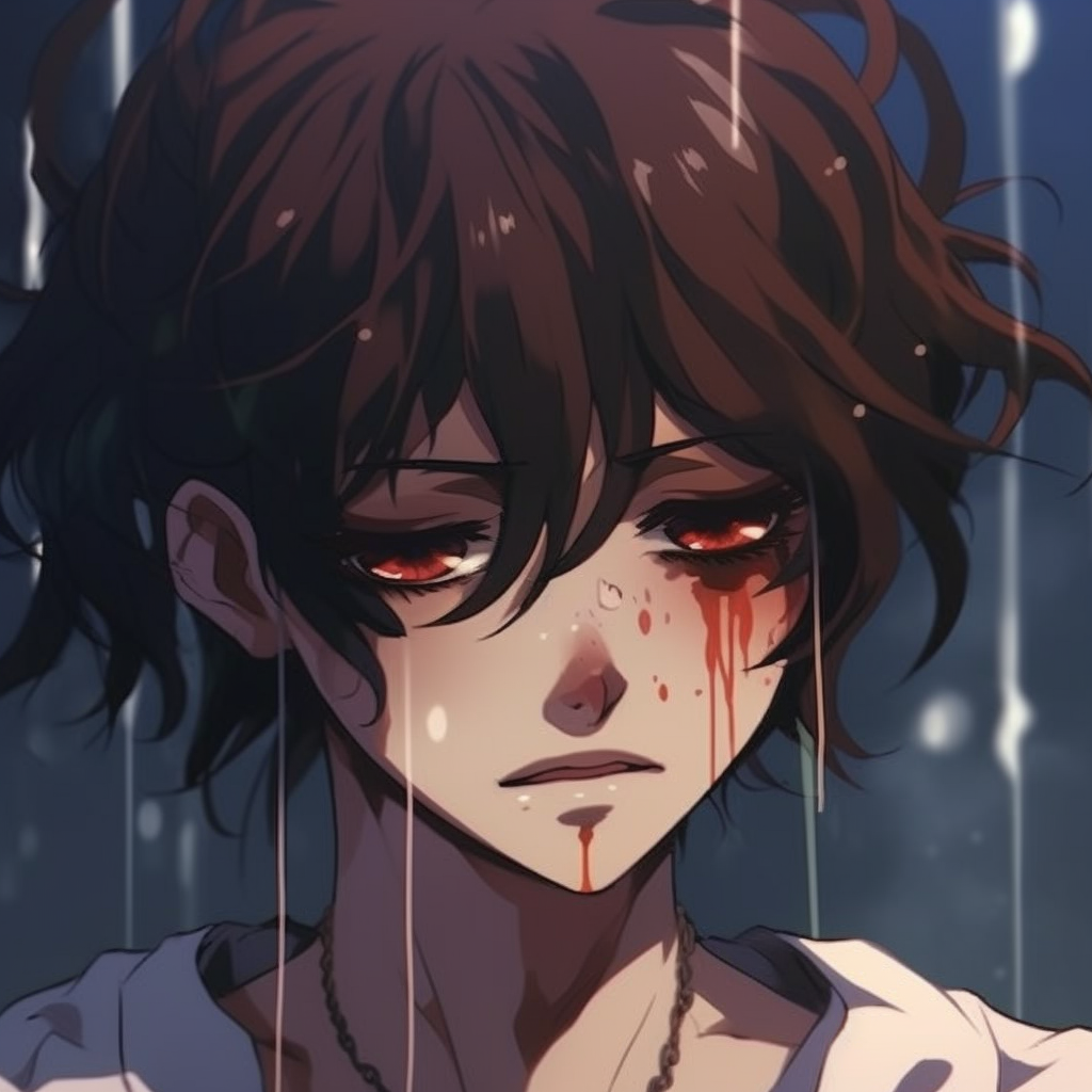Image of an anime girl heartbroken, color palette is rich and dark, highlighting the character's emotions. crying female anime pfp pfp for discord.