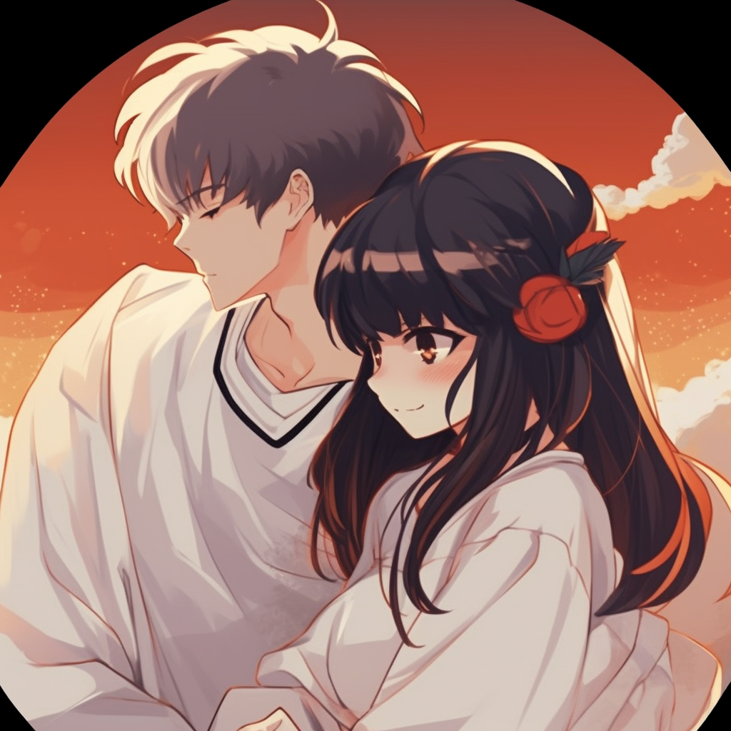 Inuyasha and Kagome from the series Inuyasha, warm colors with nostalgic art style. matching anime pfp for couples